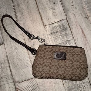 COACH BROWN MONOGRAM FABRIC WRISTLET PURSE/COIN/TRAVEL